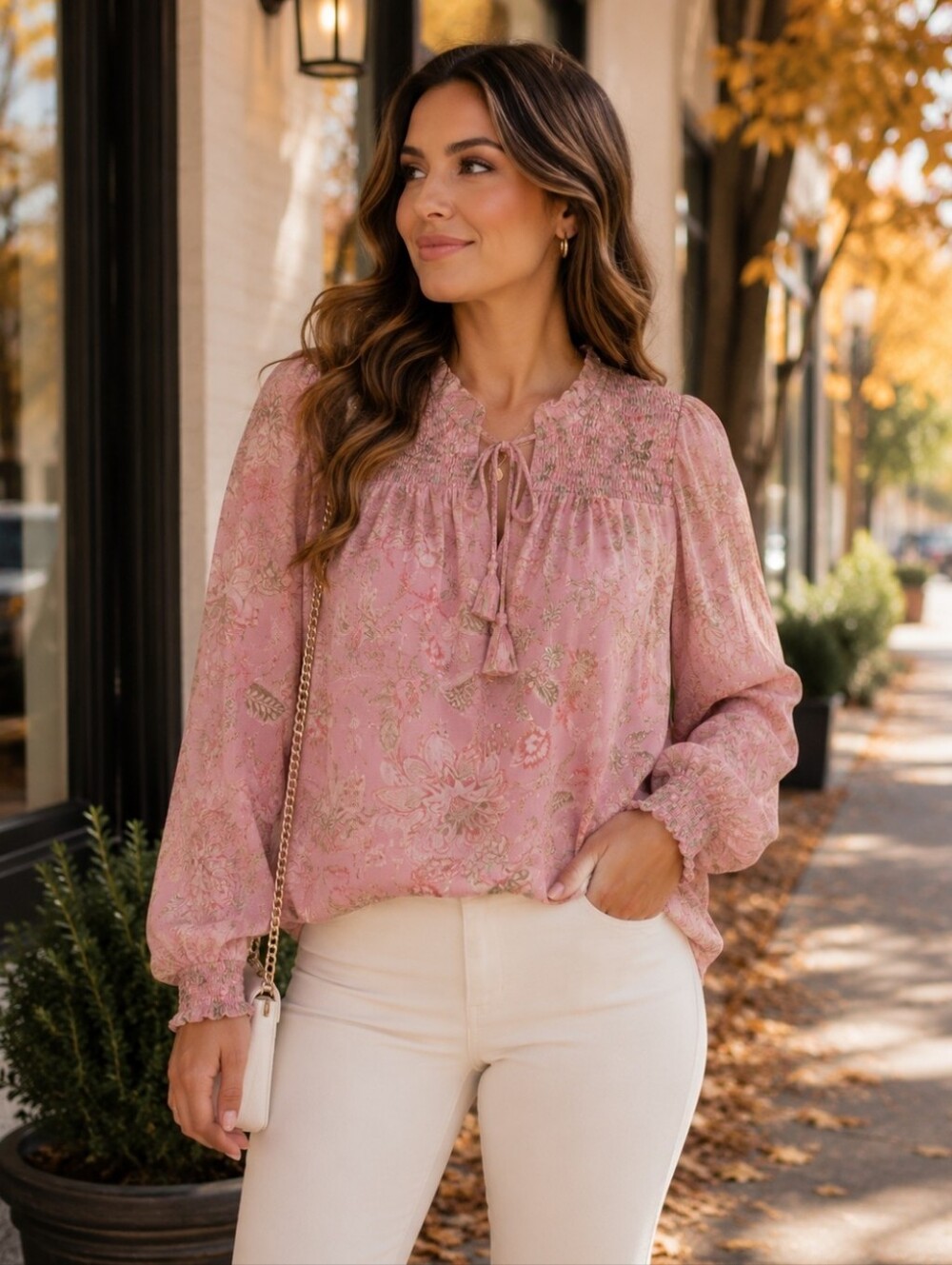 Haven + Blair Pink Floral Smocked Ruffle Tie Neck Blouse Boho Cottagecore M